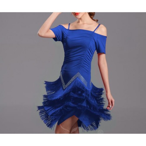 Black red royal blue Women dew Shoulder Tassel Dresses Latin Tango Ballroom Salsa Dance Dress Dancewear